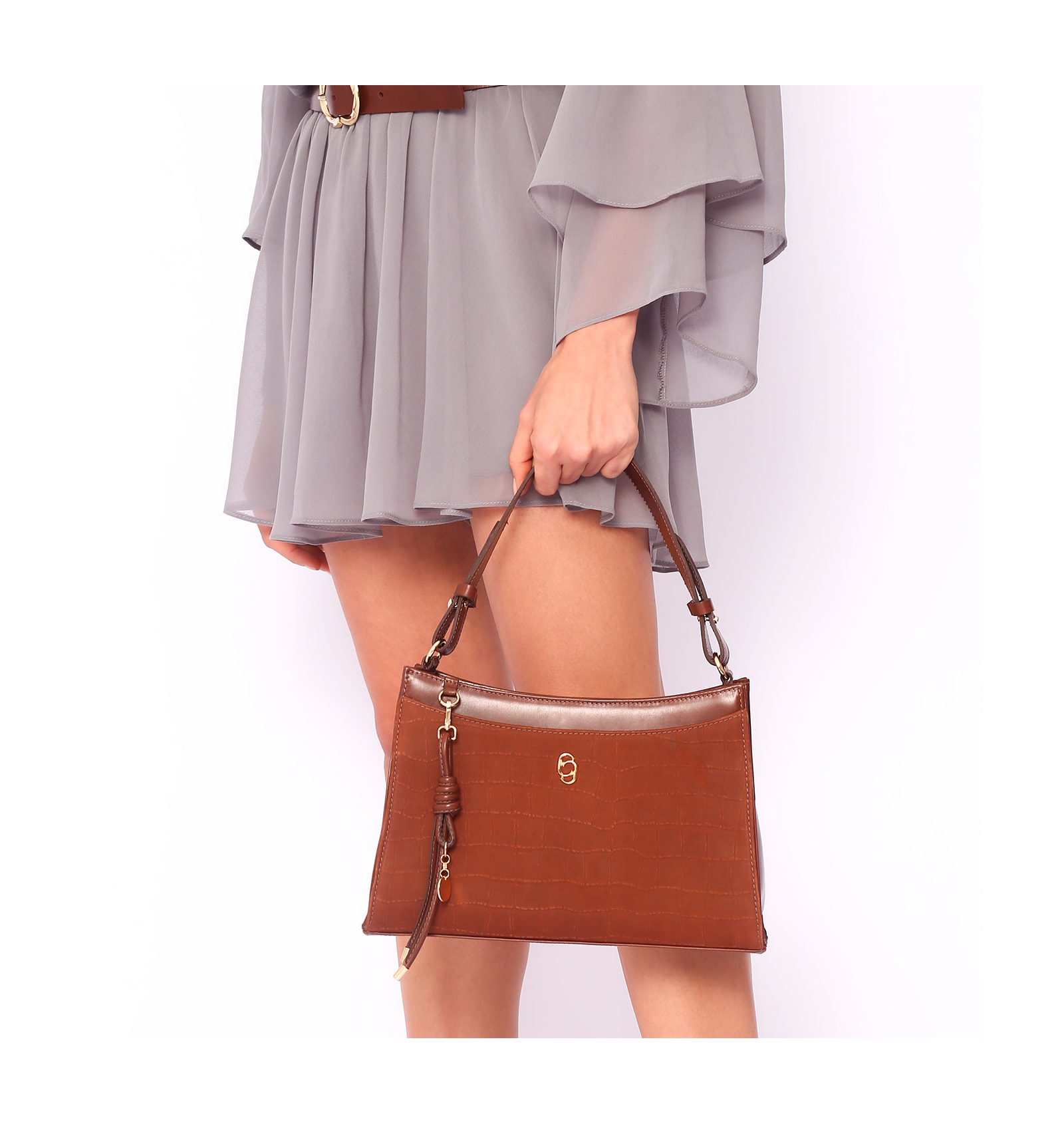 Bolsa De Ombro Couro Nobuck Croco/Couro Marrom