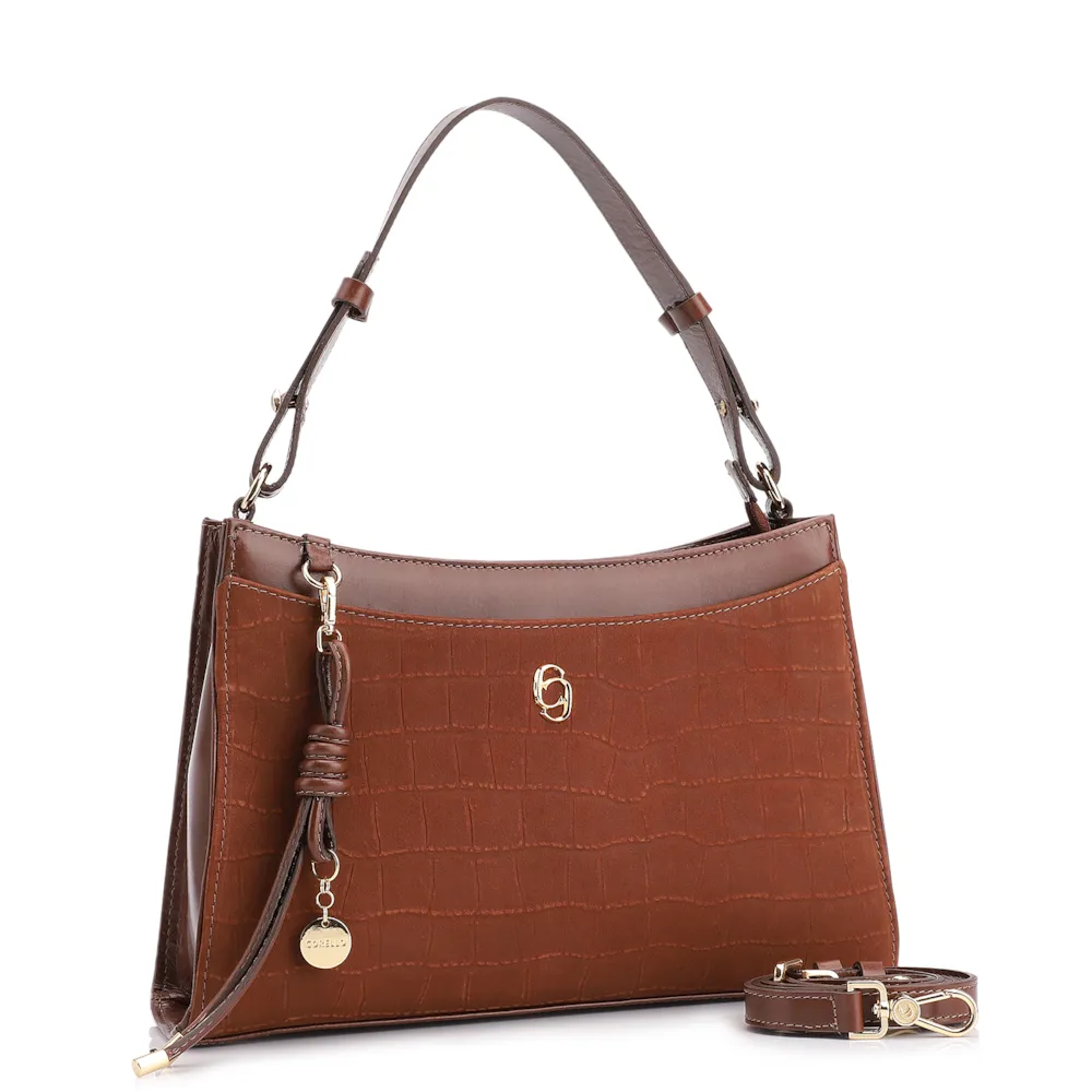 Bolsa De Ombro Couro Nobuck Croco/Couro Marrom - imagem 3
