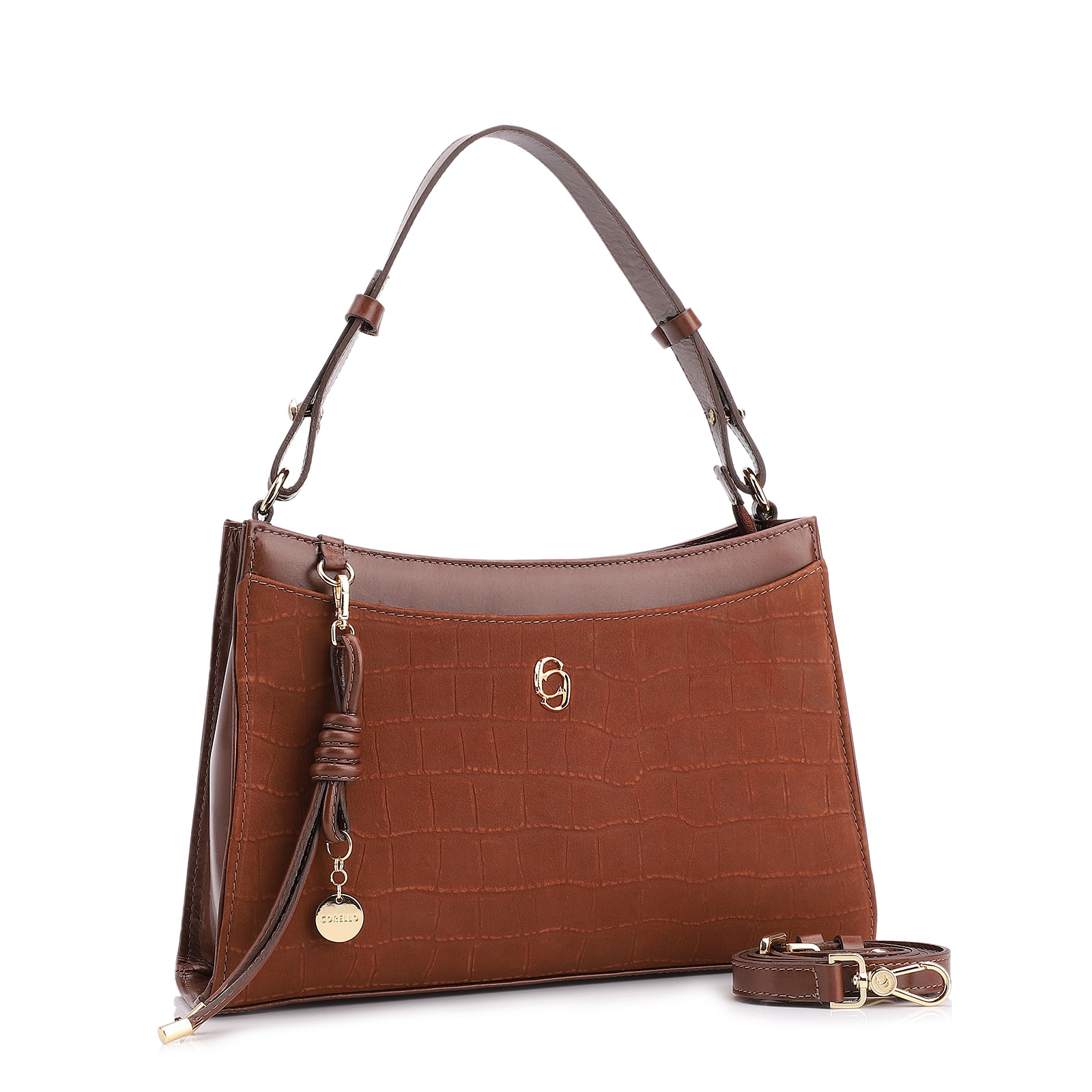 Bolsa De Ombro Couro Nobuck Croco/Couro Marrom
