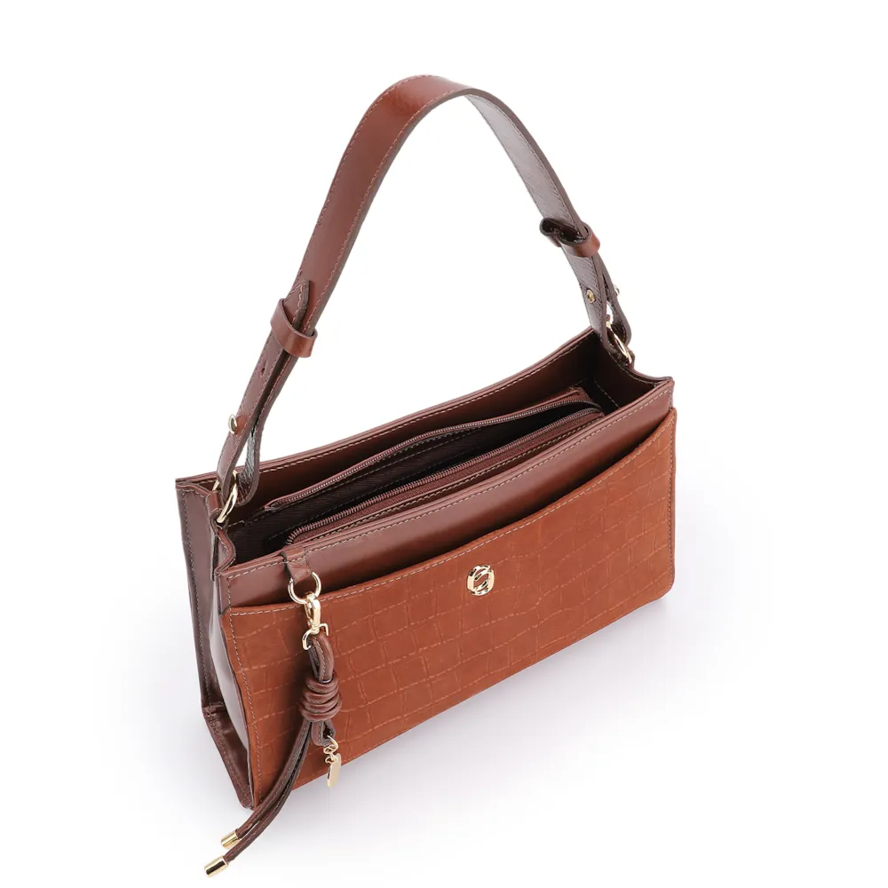 Bolsa De Ombro Couro Nobuck Croco/Couro Marrom - imagem 5