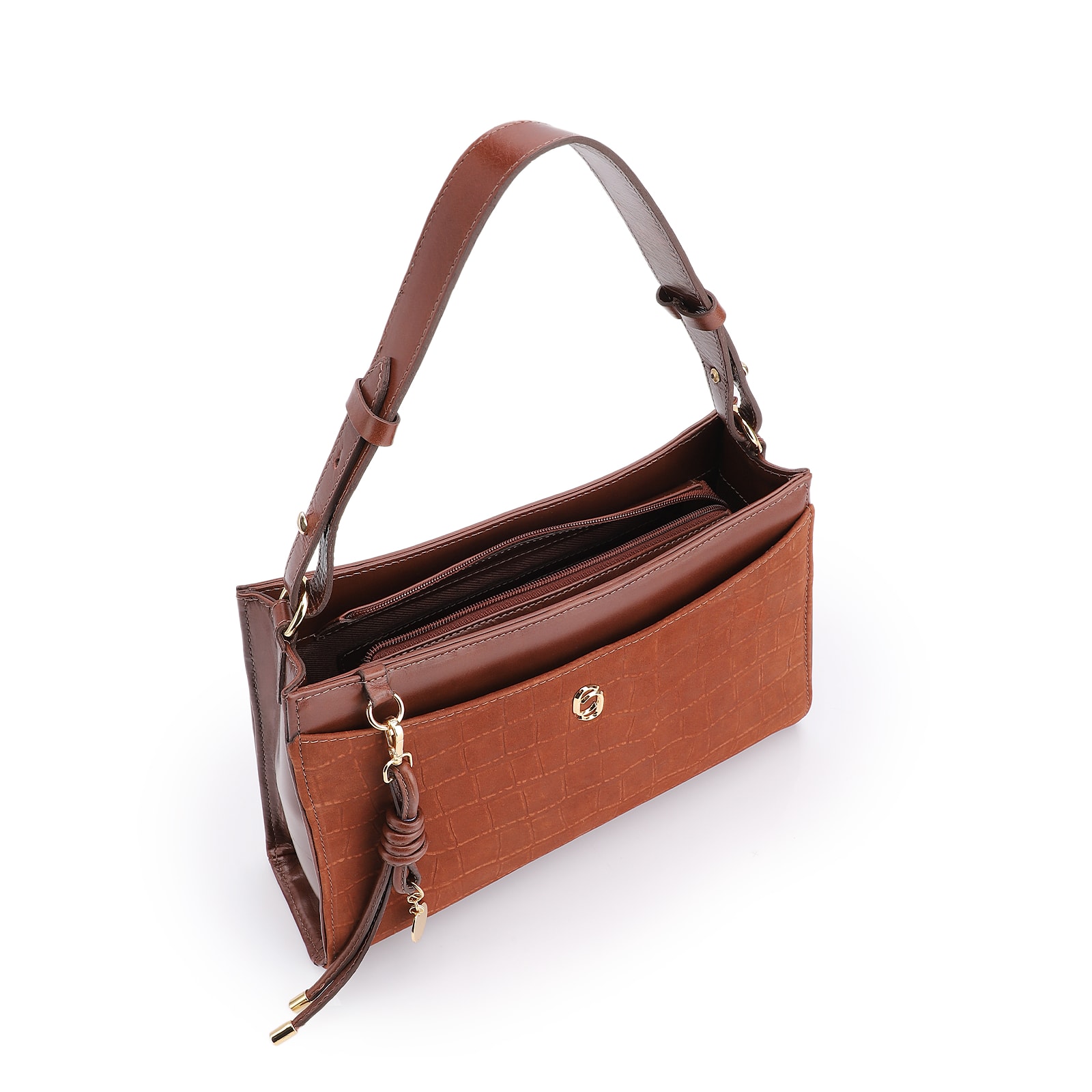 Bolsa De Ombro Couro Nobuck Croco/Couro Marrom