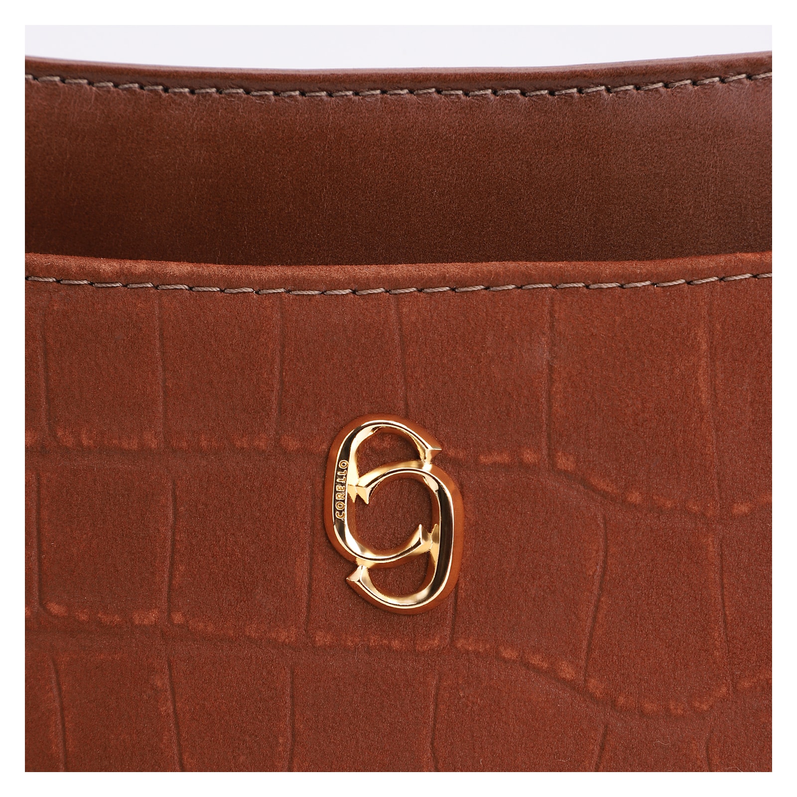 Bolsa De Ombro Couro Nobuck Croco/Couro Marrom