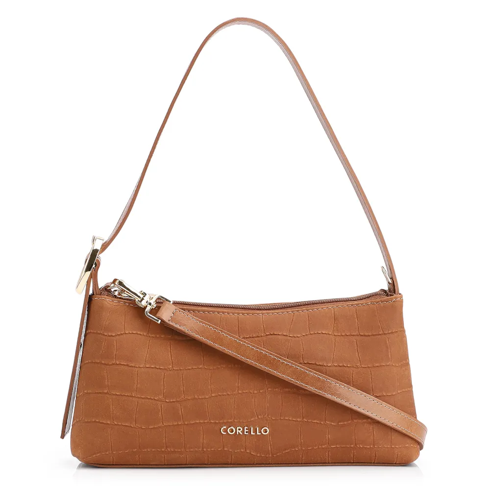 Bolsa De Ombro Couro Nobuck Croco/Couro Marrom Claro