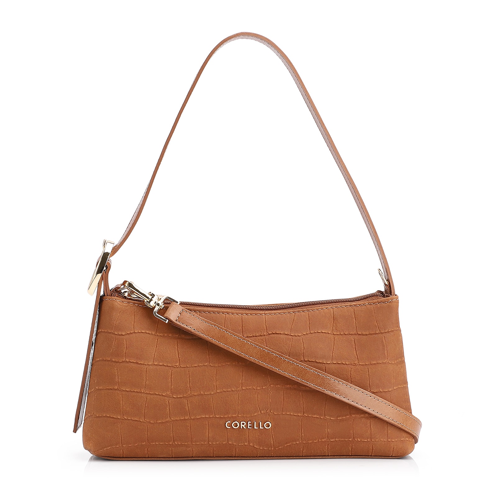 Bolsa De Ombro Couro Nobuck Croco/Couro Marrom Claro