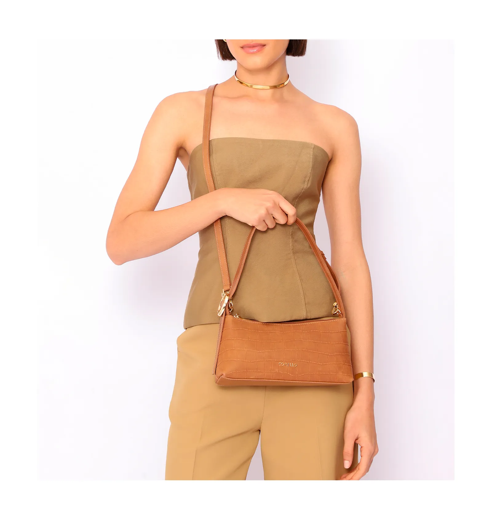 Bolsa De Ombro Couro Nobuck Croco/Couro Marrom Claro
