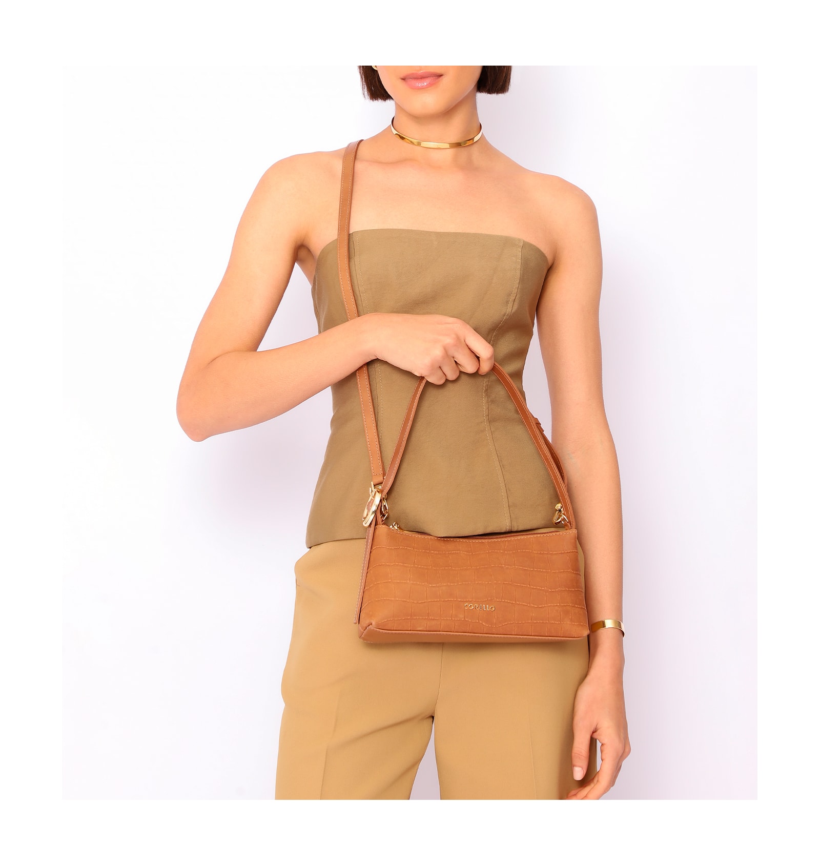 Bolsa De Ombro Couro Nobuck Croco/Couro Marrom Claro
