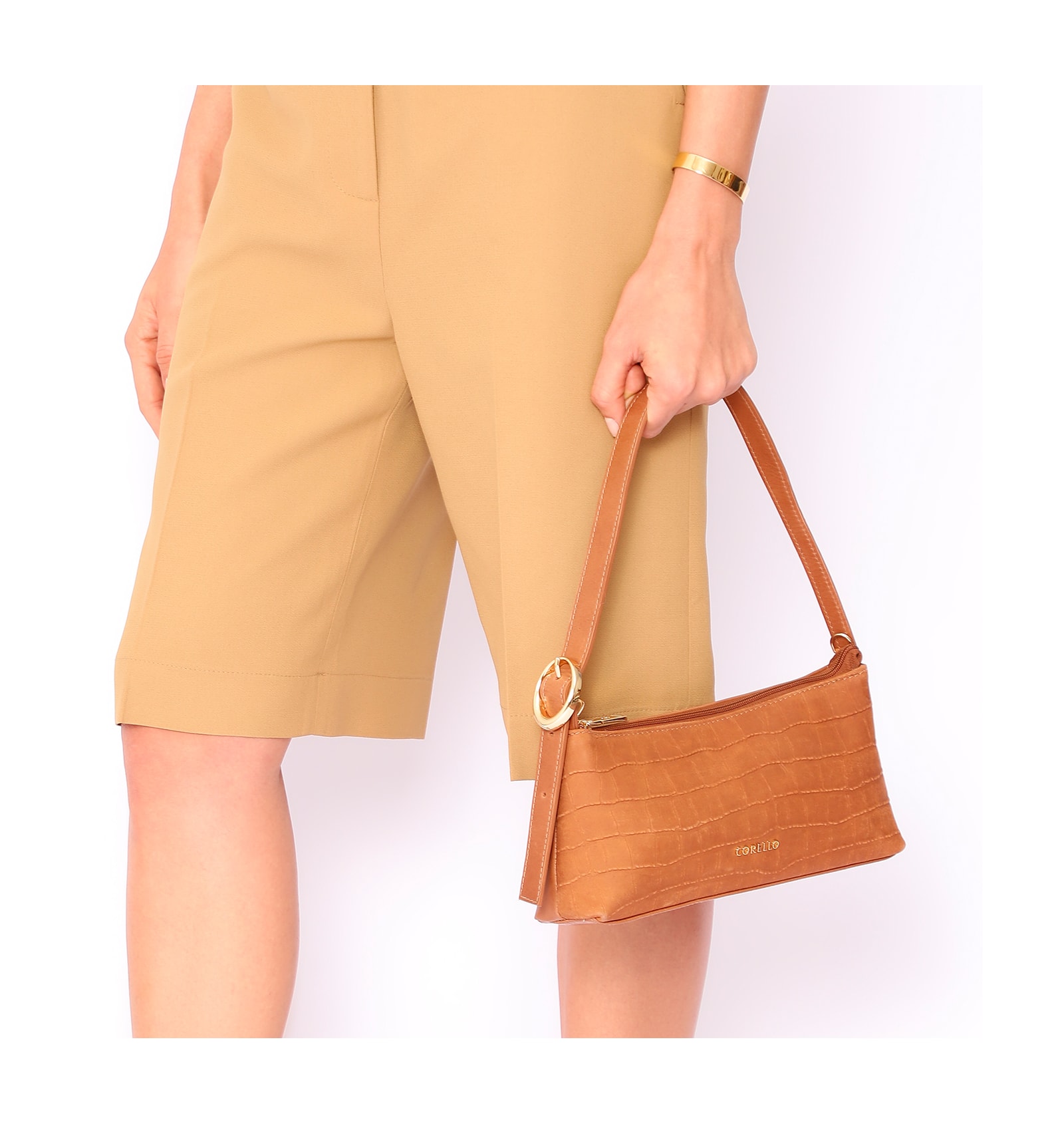 Bolsa De Ombro Couro Nobuck Croco/Couro Marrom Claro