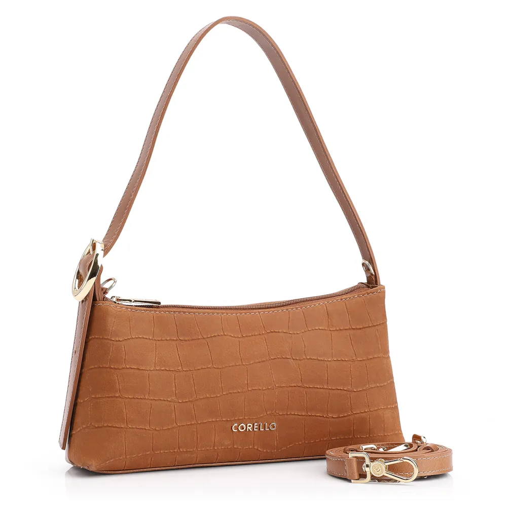Bolsa De Ombro Couro Nobuck Croco/Couro Marrom Claro - imagem 3