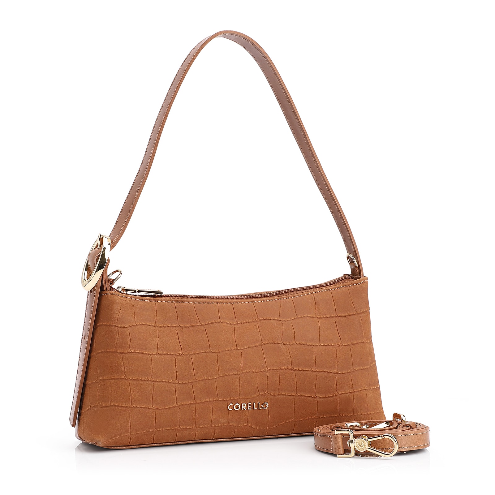 Bolsa De Ombro Couro Nobuck Croco/Couro Marrom Claro