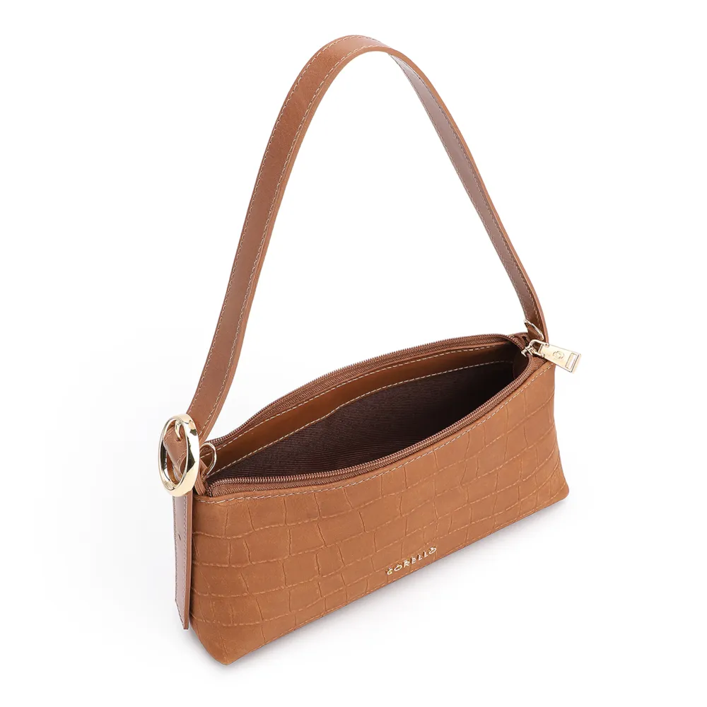 Bolsa De Ombro Couro Nobuck Croco/Couro Marrom Claro - imagem 5