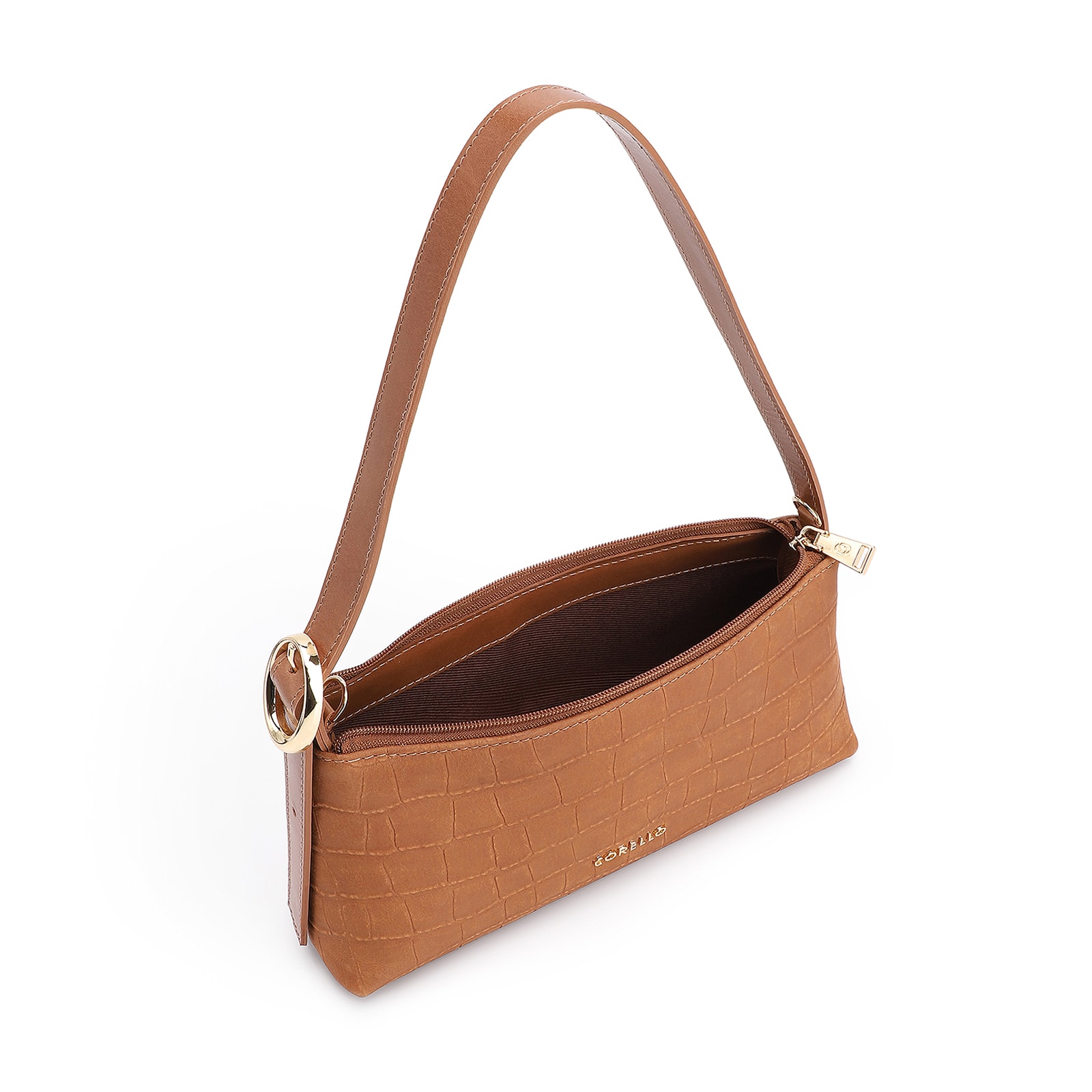 Bolsa De Ombro Couro Nobuck Croco/Couro Marrom Claro