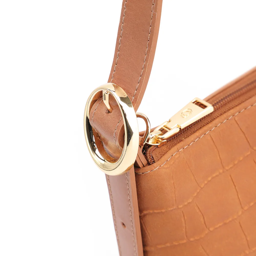 Bolsa De Ombro Couro Nobuck Croco/Couro Marrom Claro - imagem 6