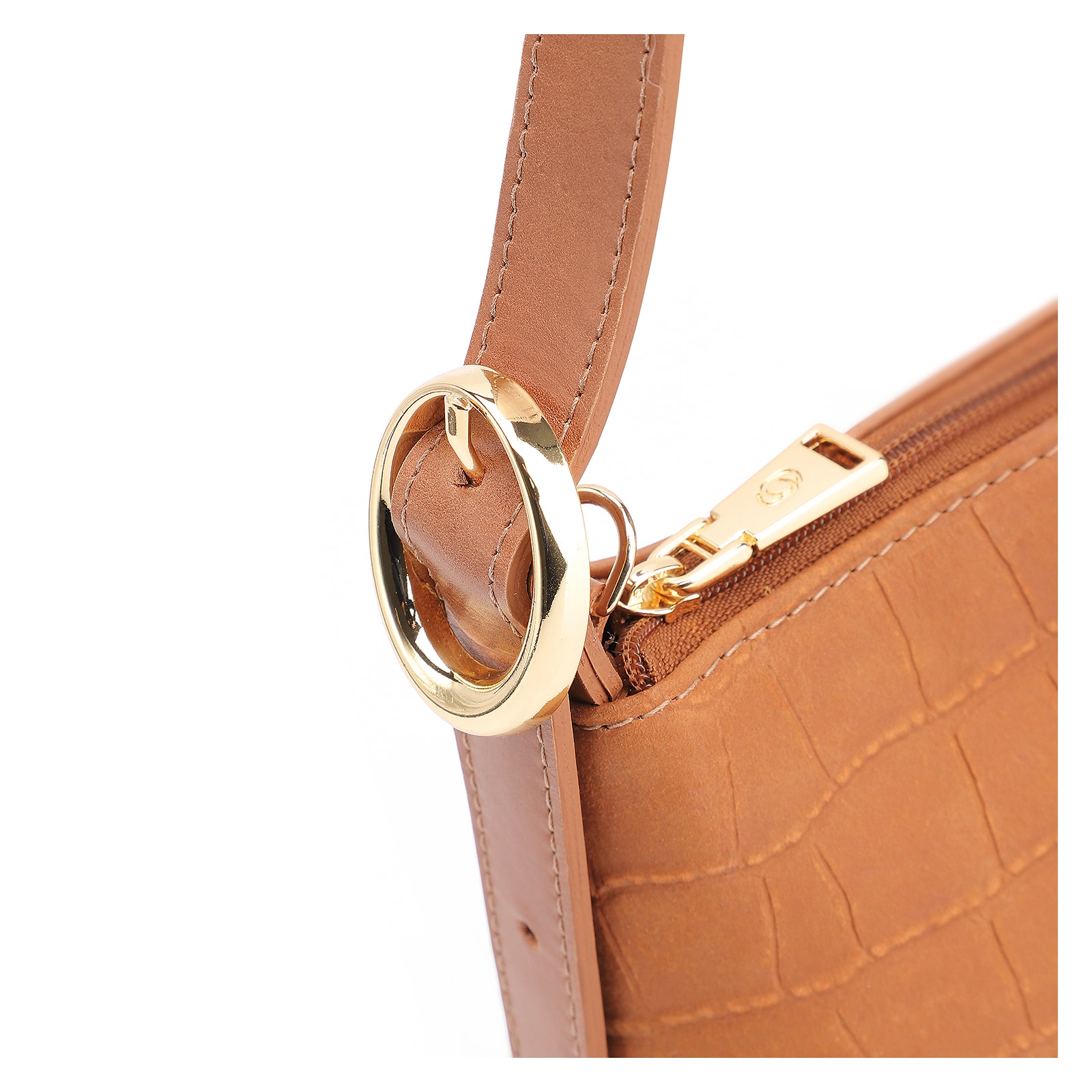 Bolsa De Ombro Couro Nobuck Croco/Couro Marrom Claro