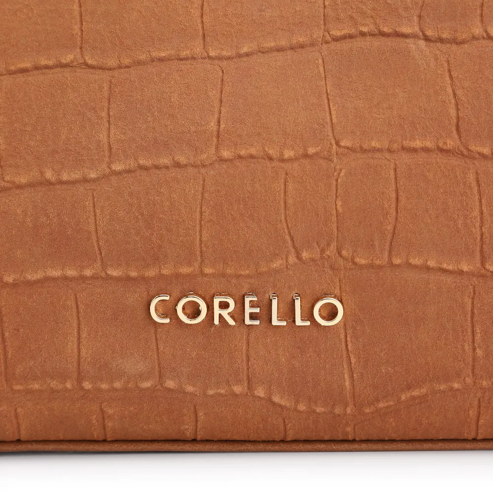 Bolsa De Ombro Couro Nobuck Croco/Couro Marrom Claro - imagem 7