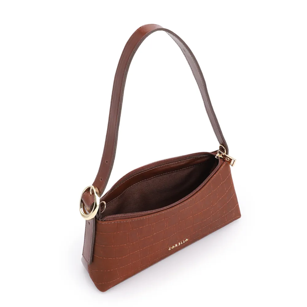 Bolsa De Ombro Couro Nobuck Croco/Couro Marrom Escuro - imagem 4