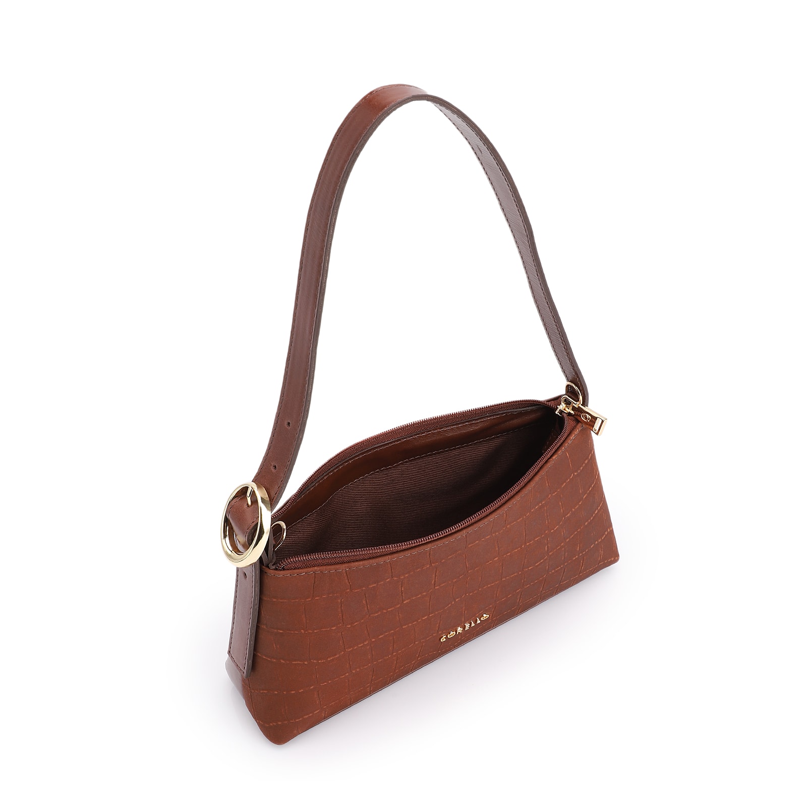 Bolsa De Ombro Couro Nobuck Croco/Couro Marrom Escuro