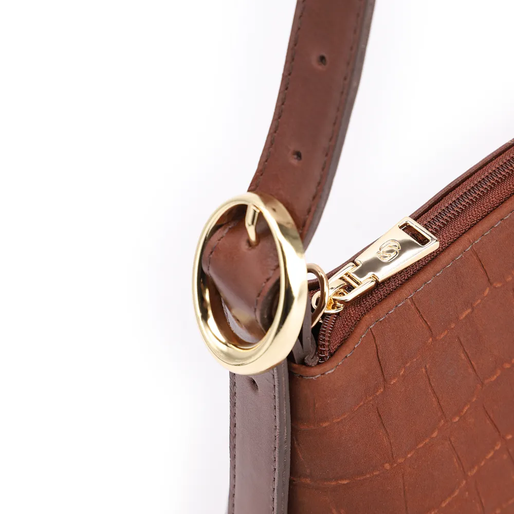 Bolsa De Ombro Couro Nobuck Croco/Couro Marrom Escuro - imagem 5