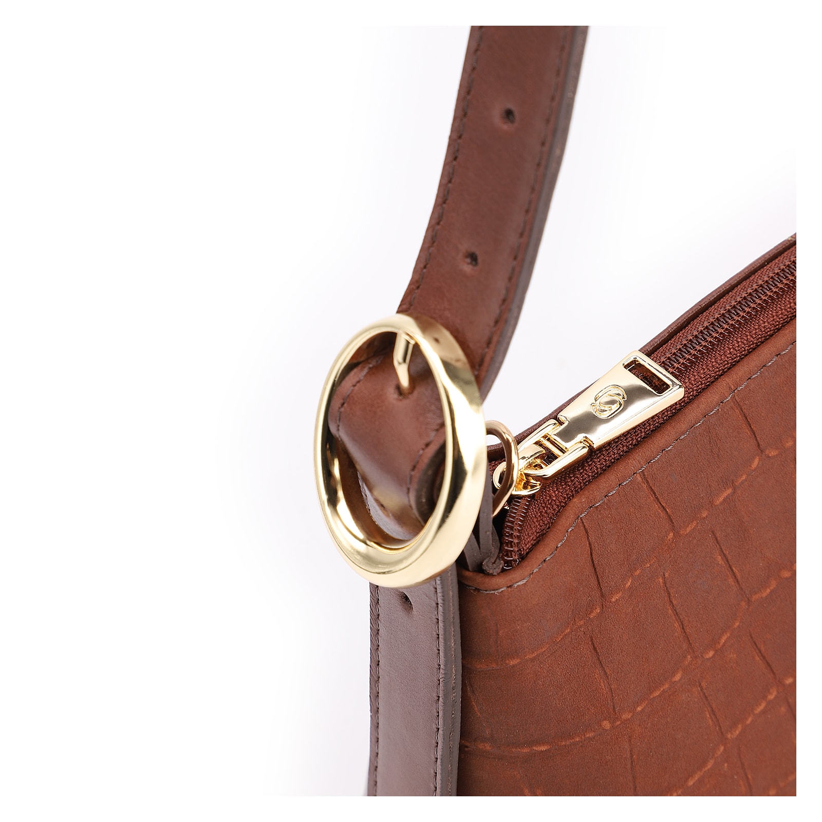Bolsa De Ombro Couro Nobuck Croco/Couro Marrom Escuro