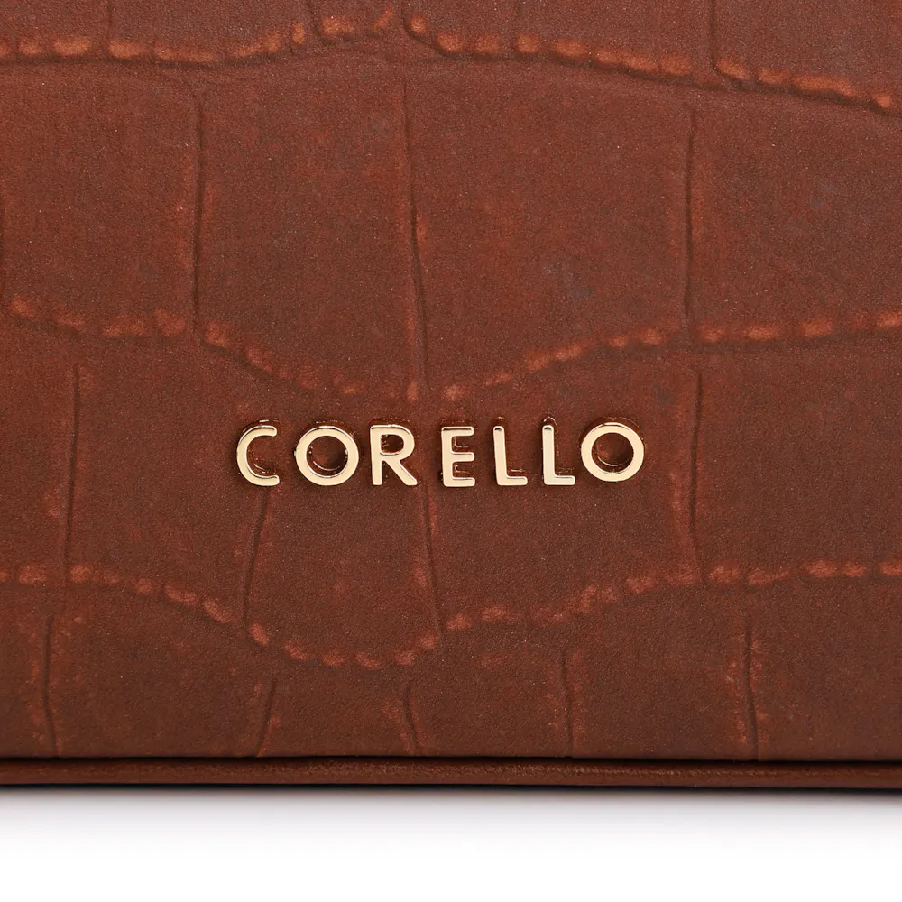 Bolsa De Ombro Couro Nobuck Croco/Couro Marrom Escuro - imagem 6