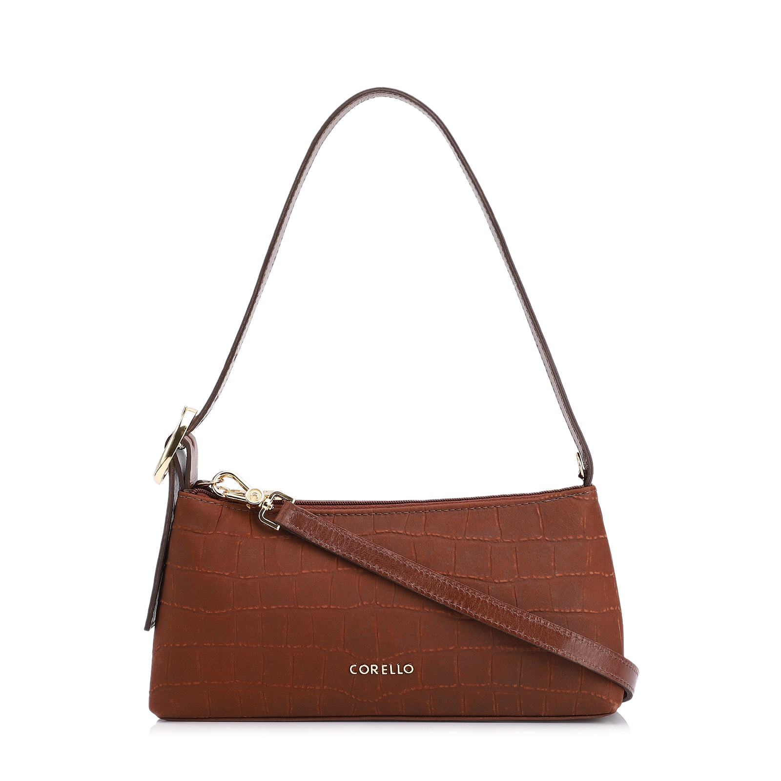 Bolsa De Ombro Couro Nobuck Croco/Couro Marrom Escuro