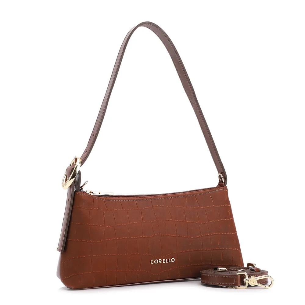 Bolsa De Ombro Couro Nobuck Croco/Couro Marrom Escuro - imagem 2