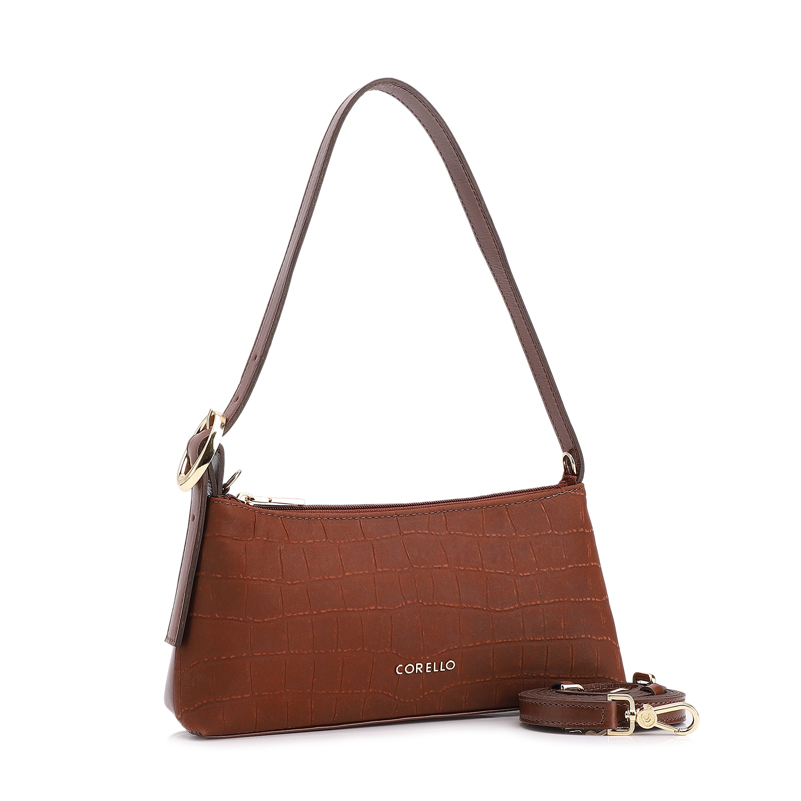 Bolsa De Ombro Couro Nobuck Croco/Couro Marrom Escuro
