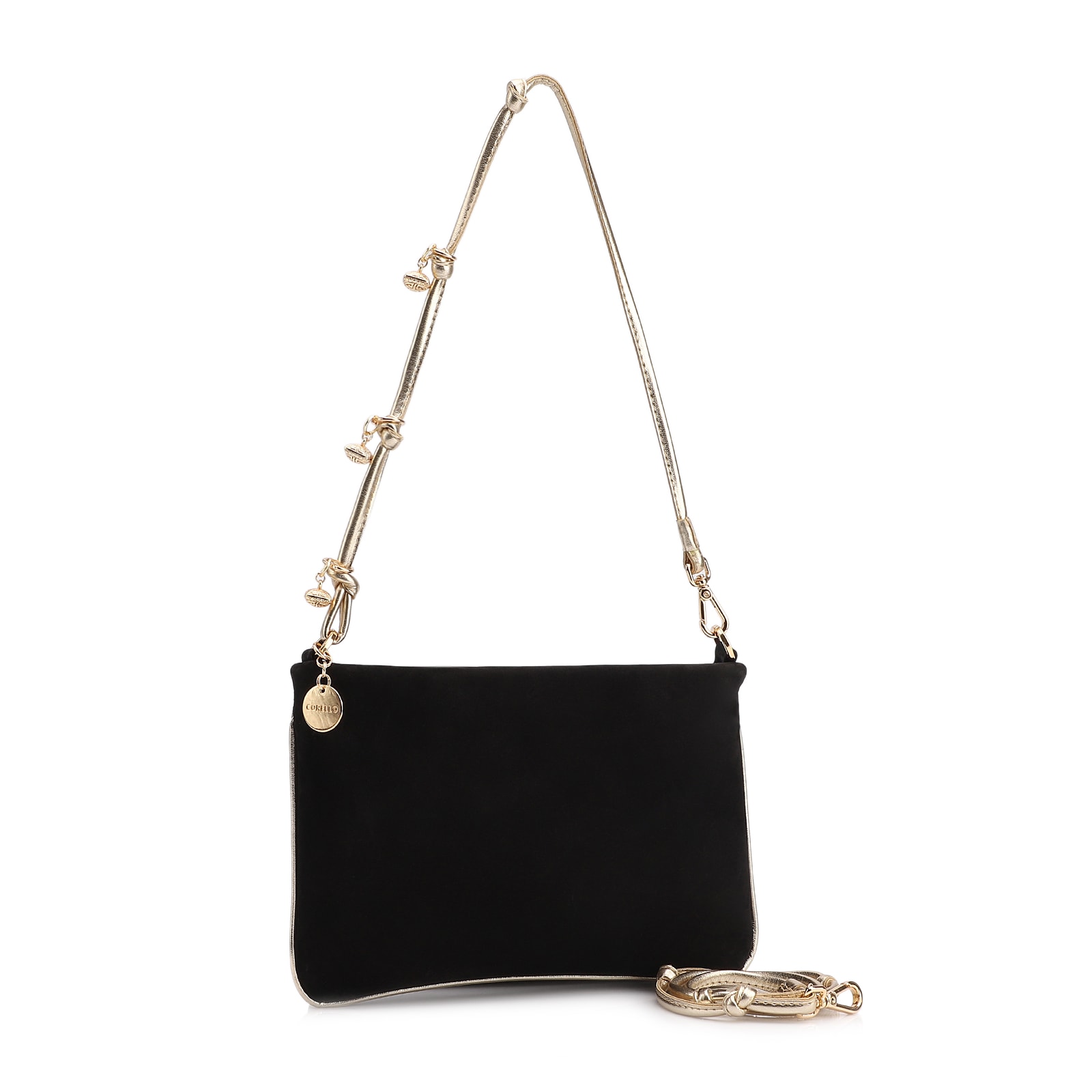 Bolsa De Ombro Couro Nobuck Preto/Alt Dourado