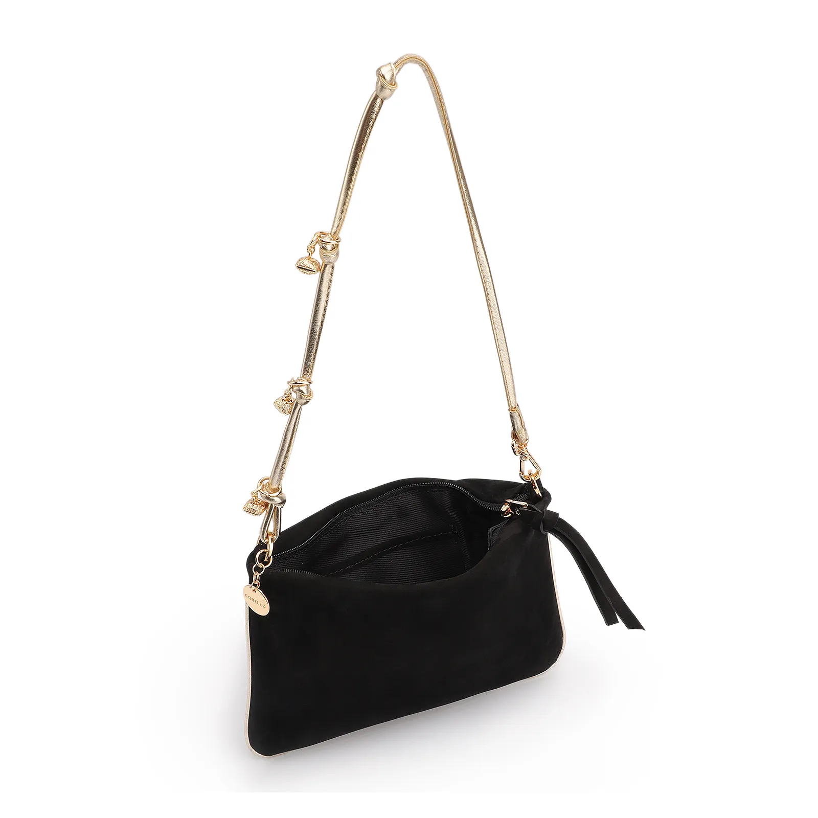 Bolsa De Ombro Couro Nobuck Preto/Alt Dourado