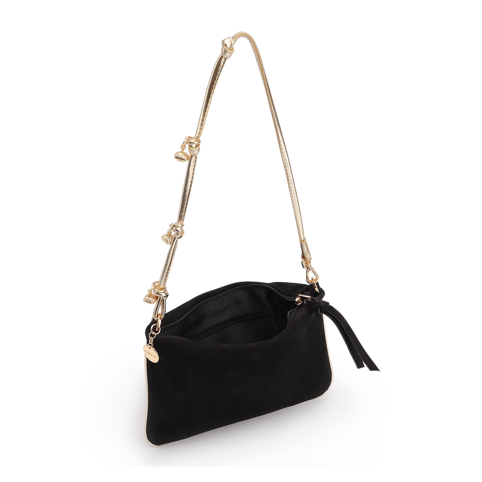 Bolsa De Ombro Couro Nobuck Preto/Alt Dourado