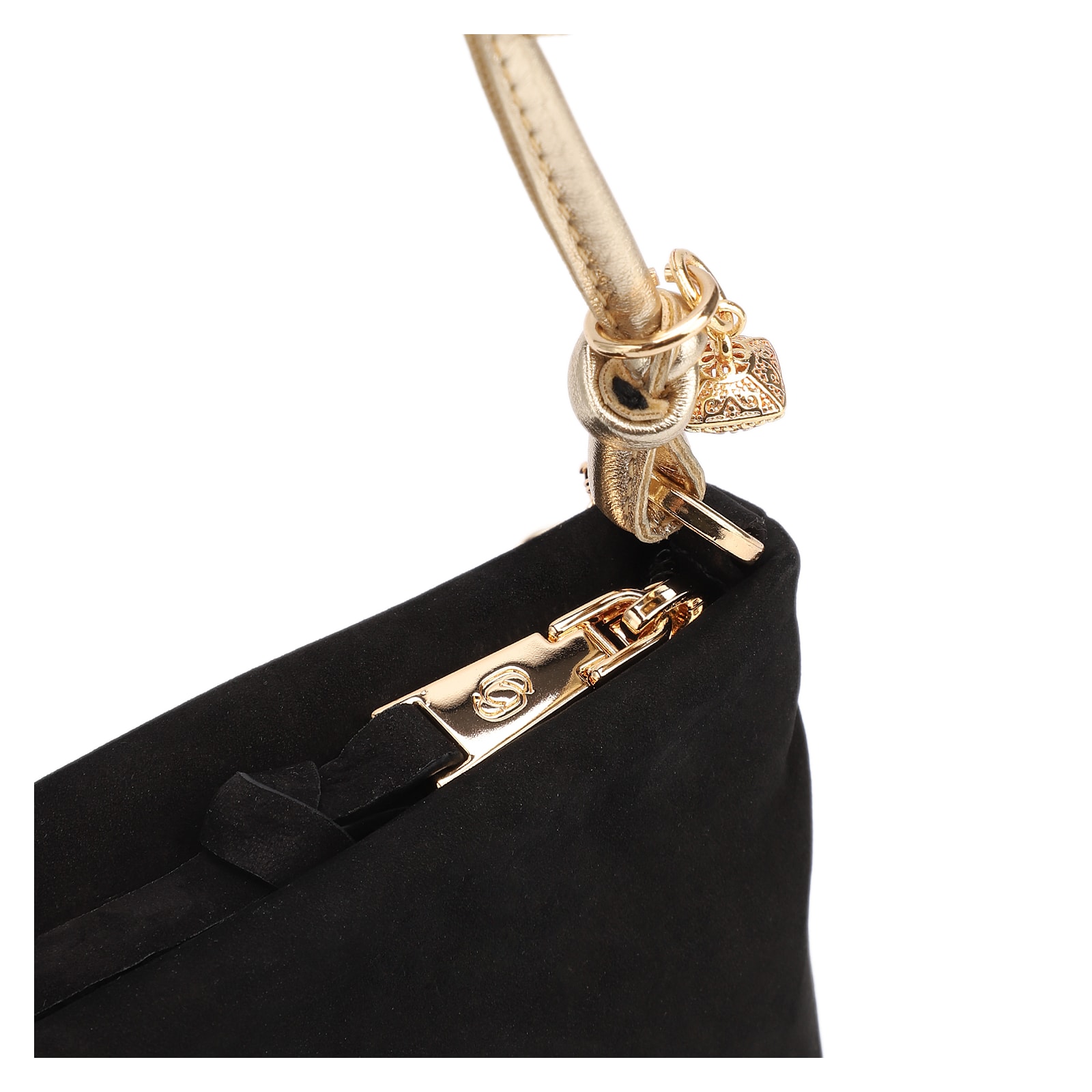Bolsa De Ombro Couro Nobuck Preto/Alt Dourado
