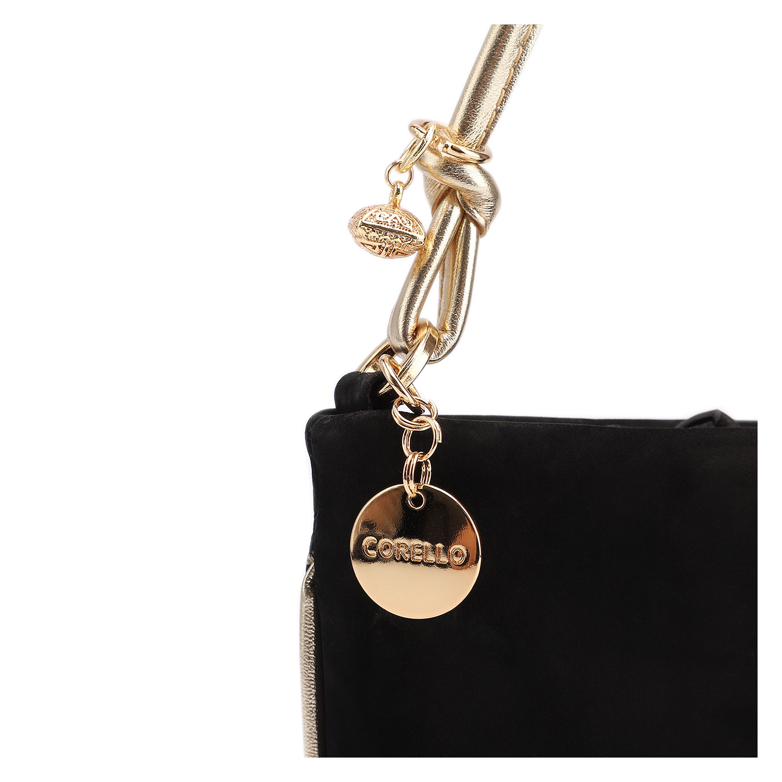 Bolsa De Ombro Couro Nobuck Preto/Alt Dourado