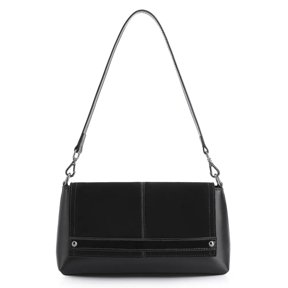 Bolsa De Ombro Couro Nobuck Preto/Verniz Preto