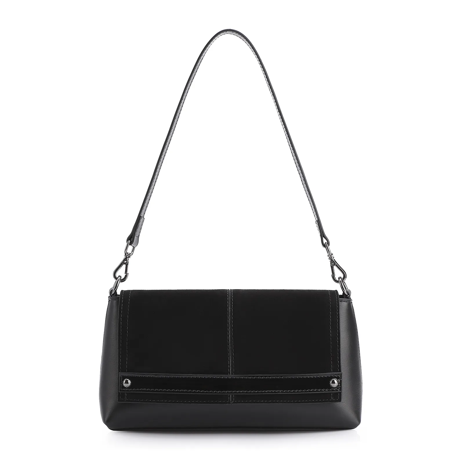 Bolsa De Ombro Couro Nobuck Preto/Verniz Preto