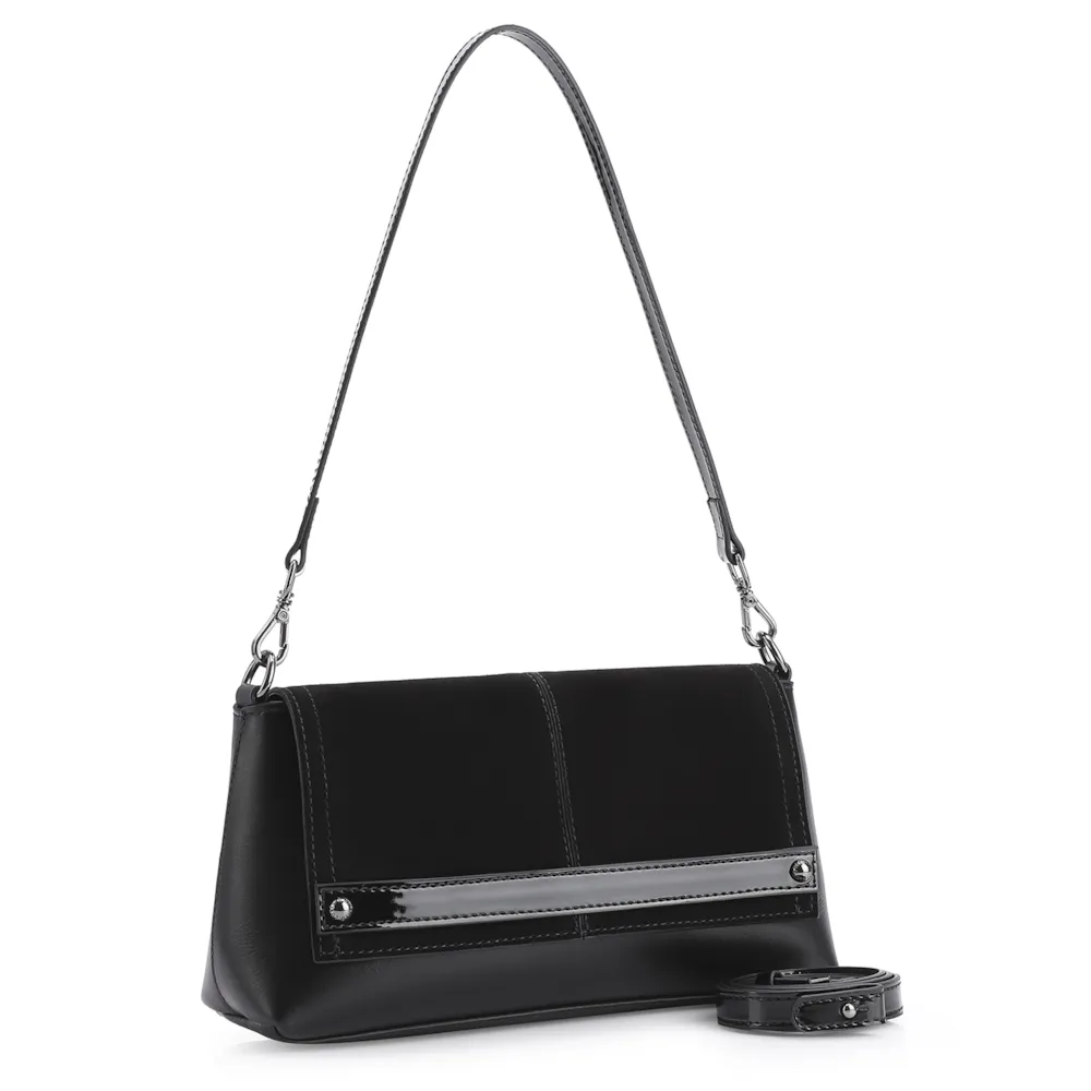 Bolsa De Ombro Couro Nobuck Preto/Verniz Preto - imagem 2