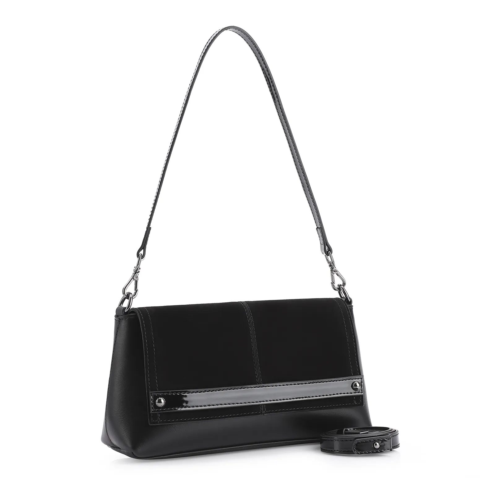Bolsa De Ombro Couro Nobuck Preto/Verniz Preto