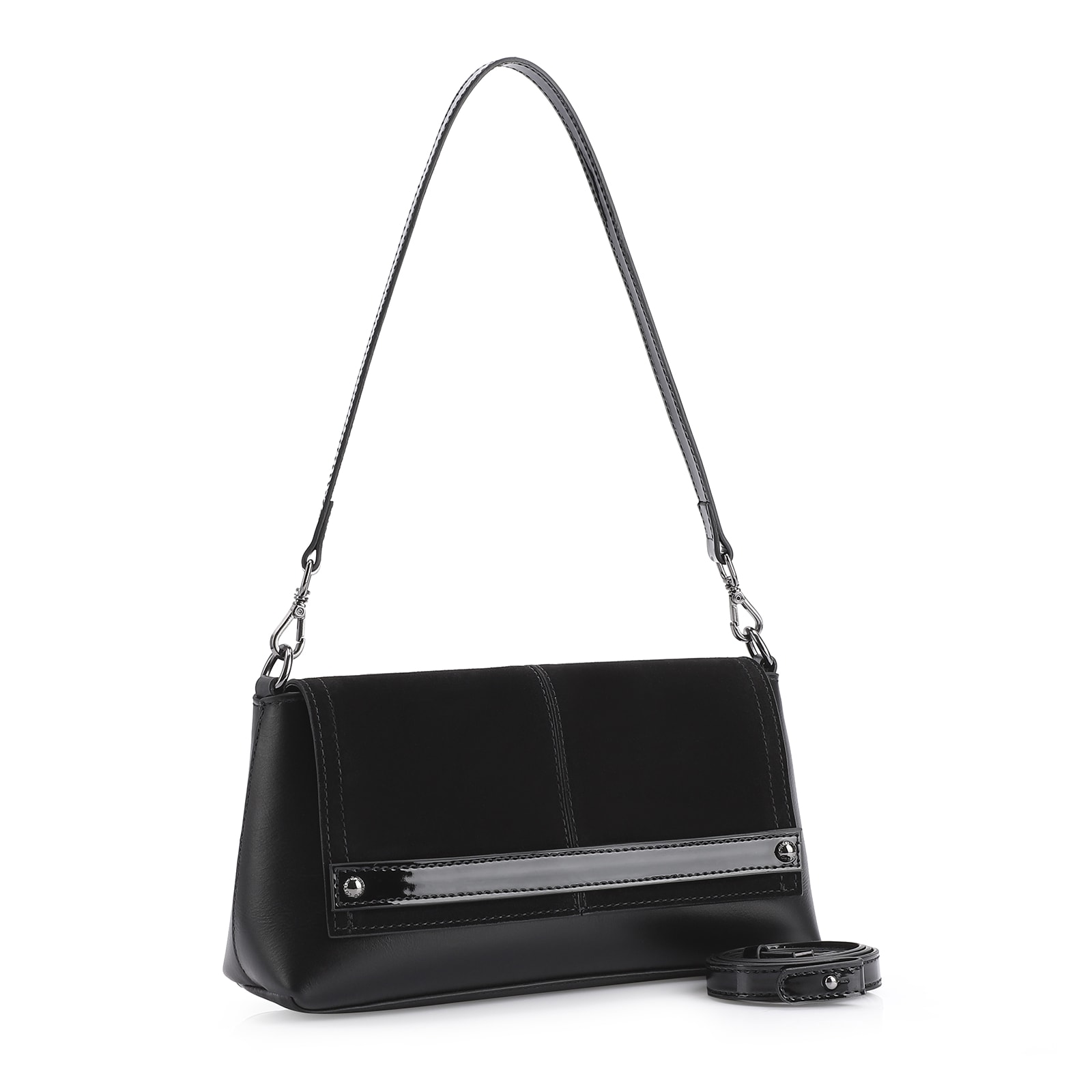 Bolsa De Ombro Couro Nobuck Preto/Verniz Preto