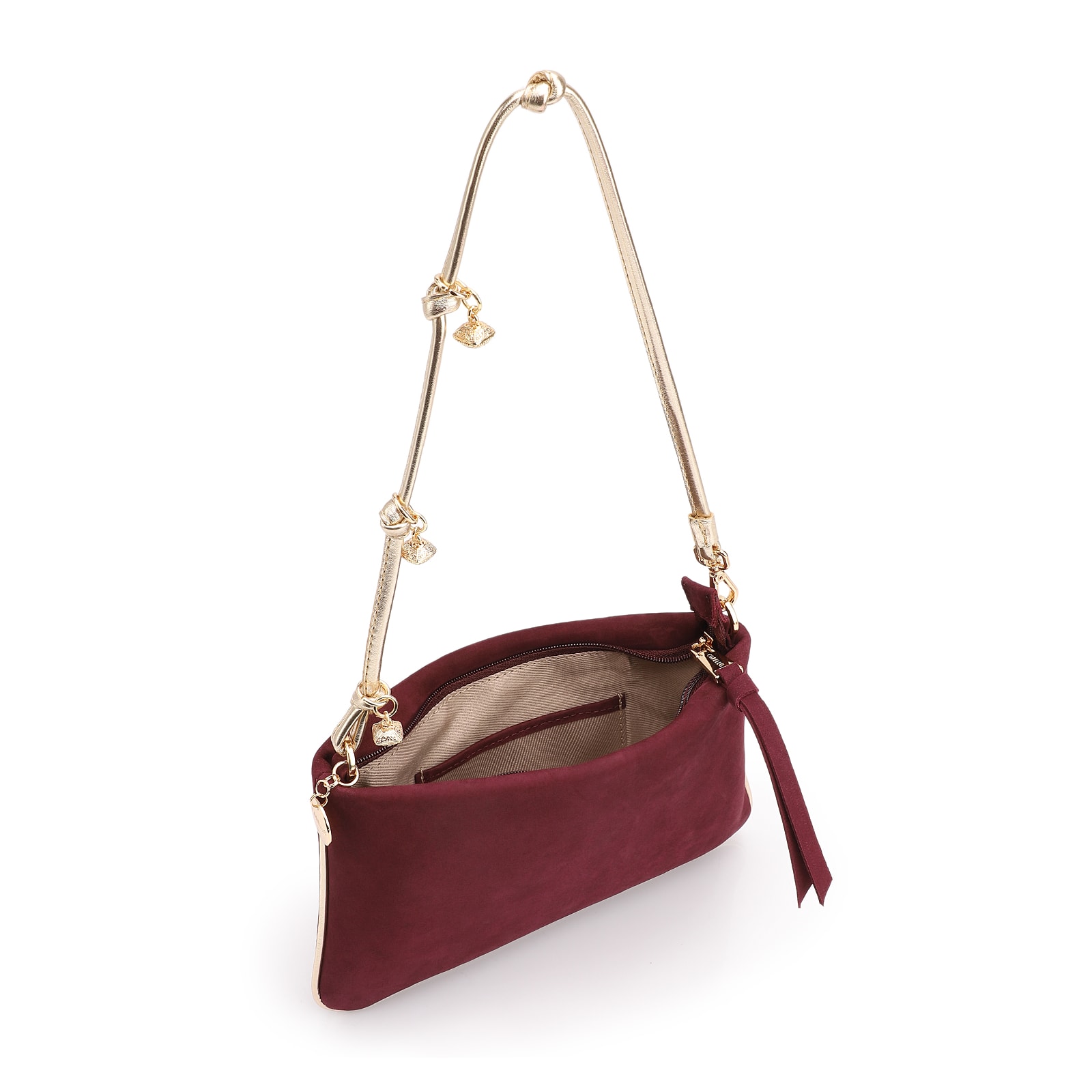 Bolsa De Ombro Couro Nobuck Vinho /Alt Dourado
