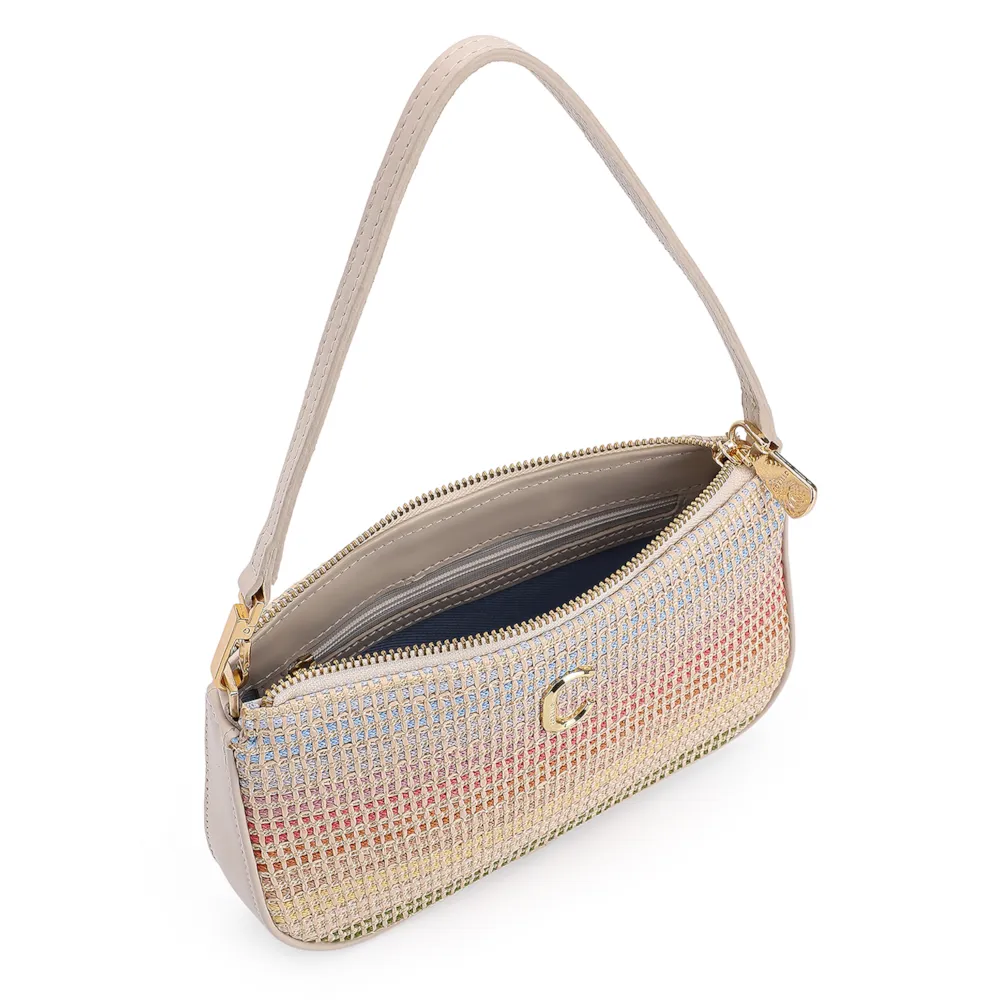 Bolsa De Ombro Couro Off White/Ráfia Colorida - imagem 4