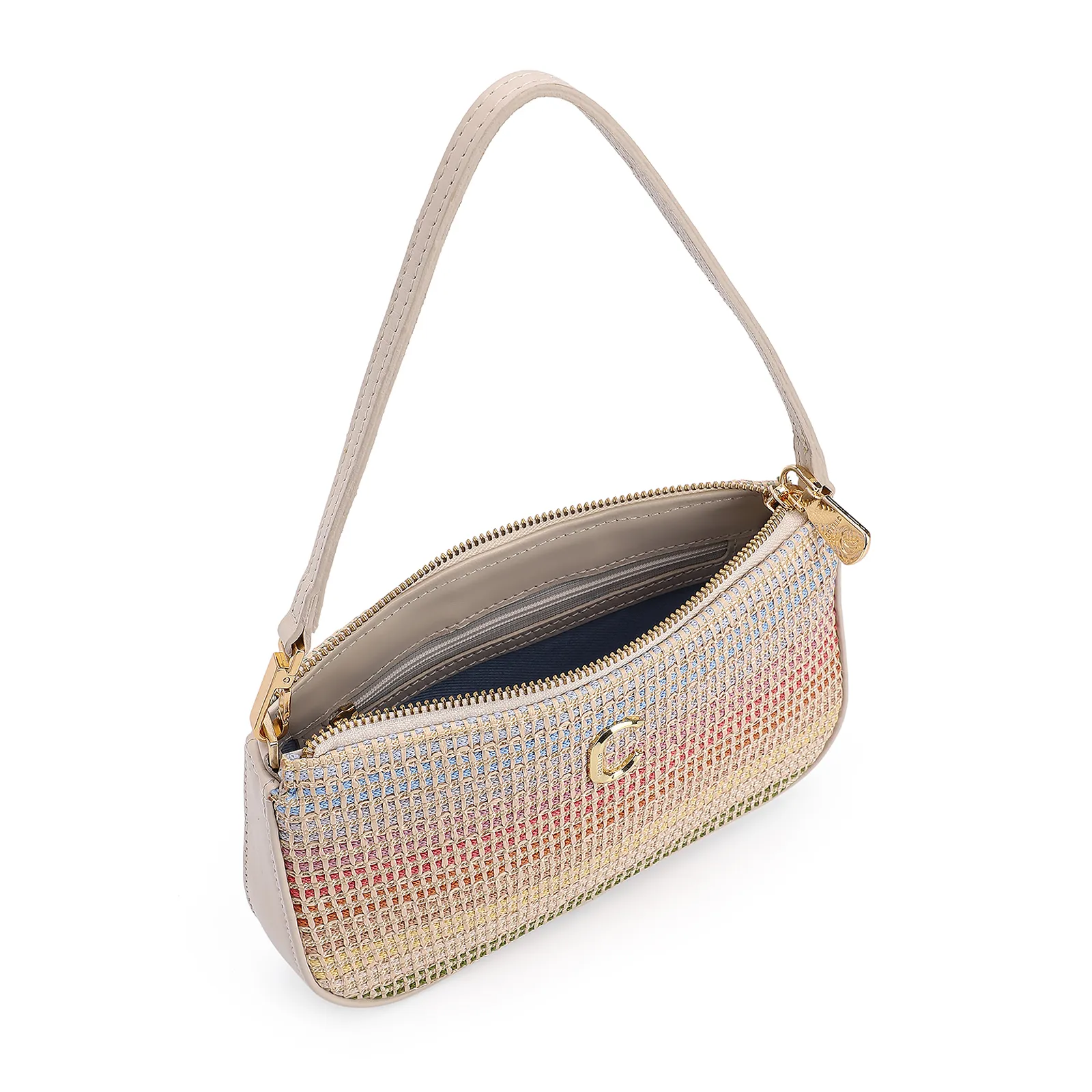 Bolsa De Ombro Couro Off White/Ráfia Colorida