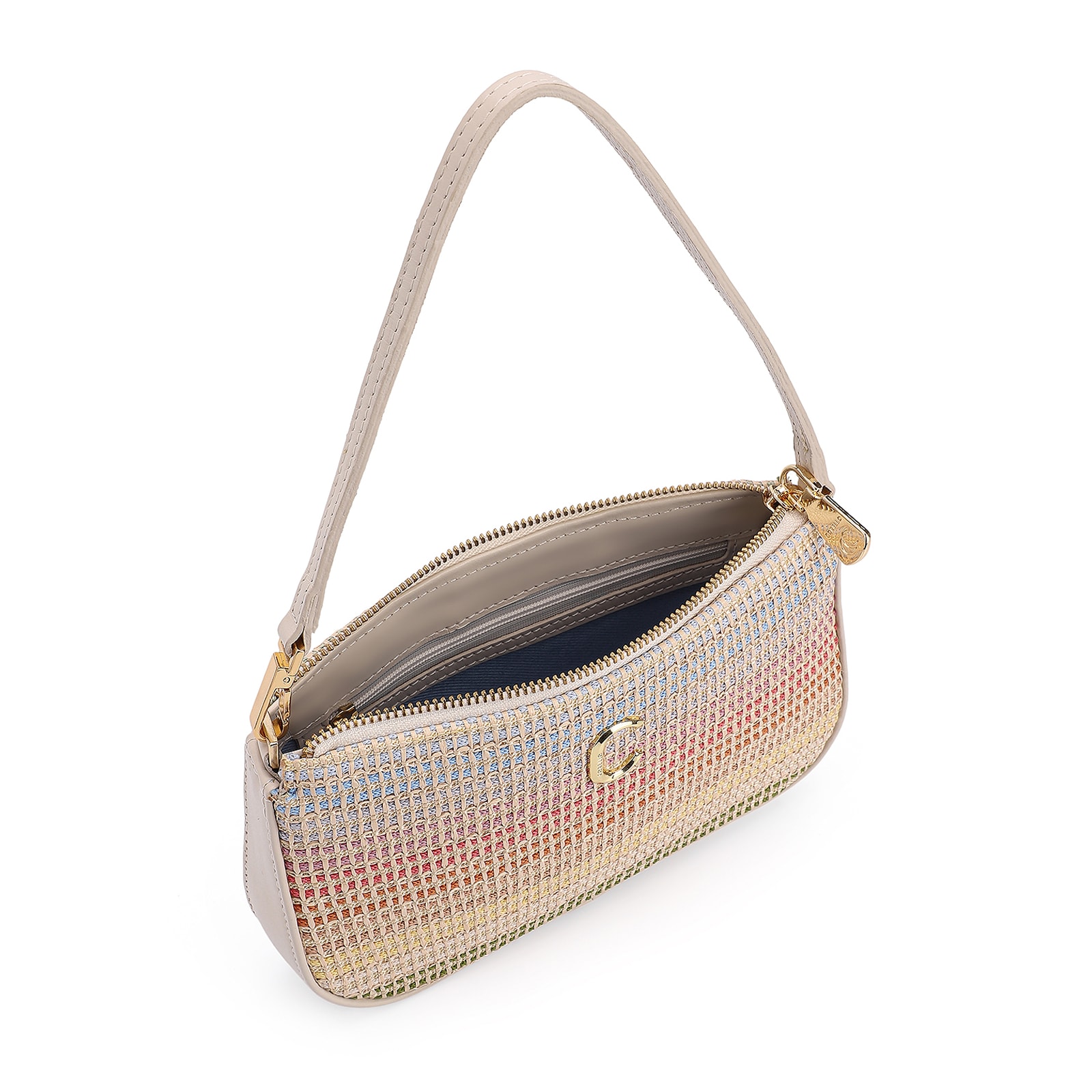 Bolsa De Ombro Couro Off White/Ráfia Colorida