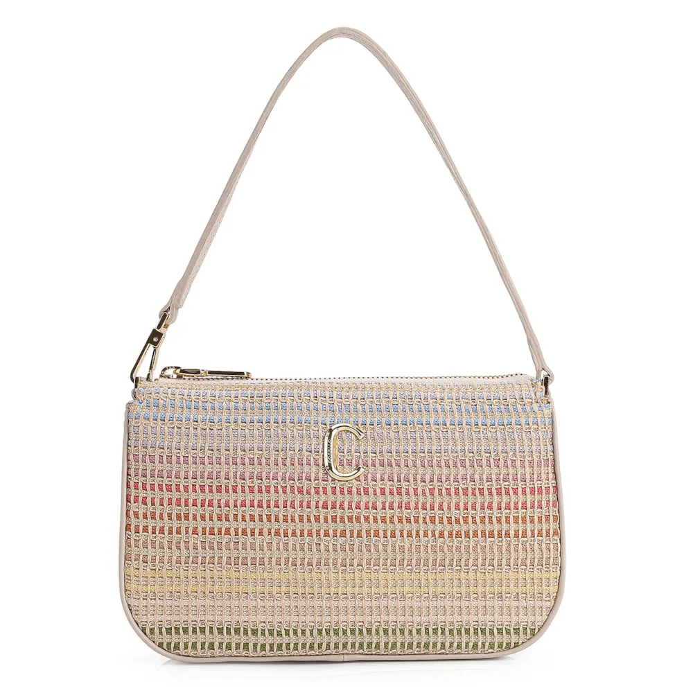 Bolsa De Ombro Couro Off White/Ráfia Colorida