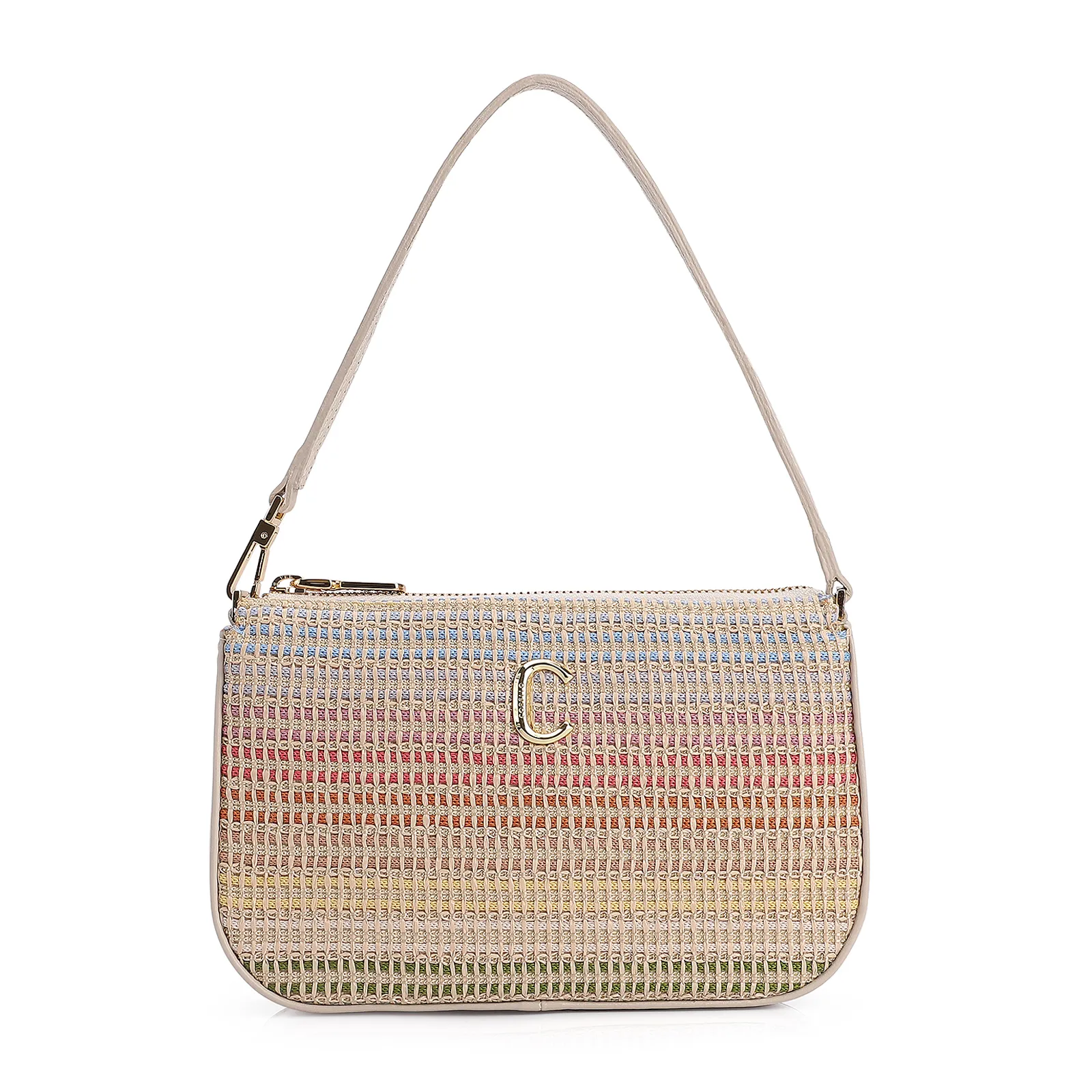 Bolsa De Ombro Couro Off White/Ráfia Colorida