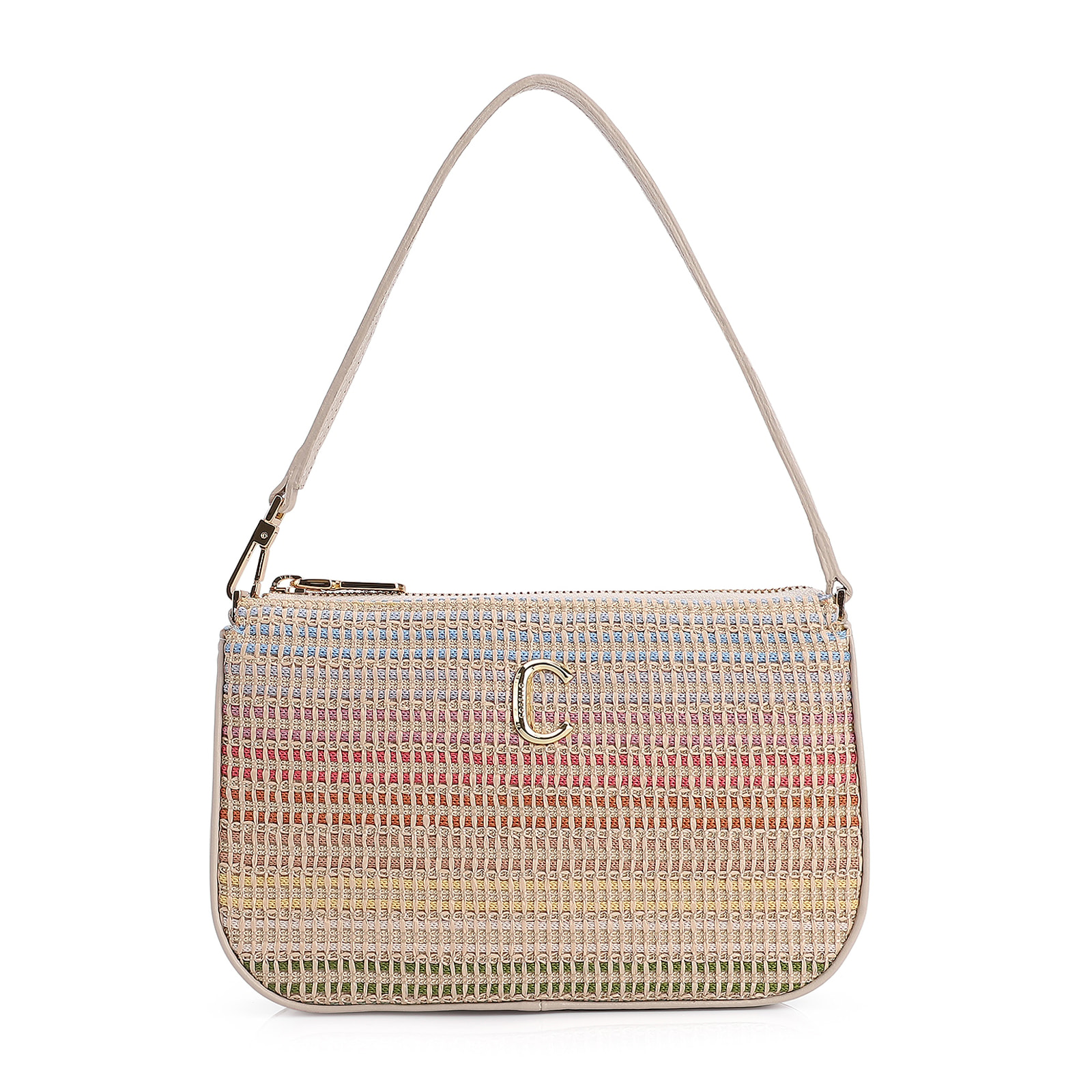 Bolsa De Ombro Couro Off White/Ráfia Colorida