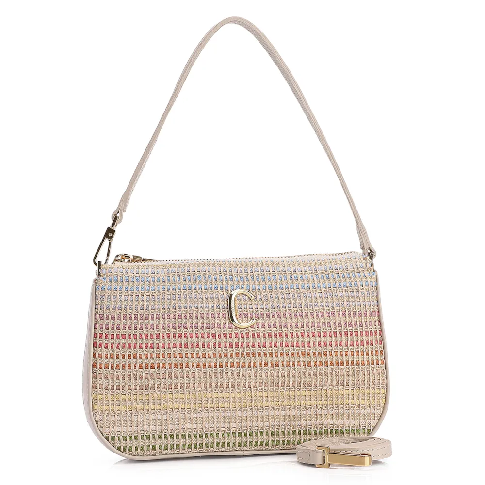 Bolsa De Ombro Couro Off White/Ráfia Colorida - imagem 2