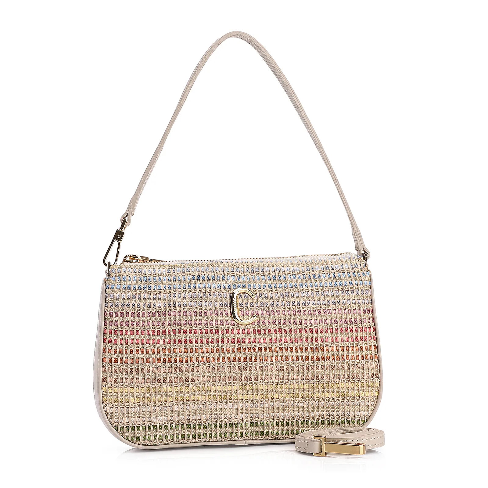 Bolsa De Ombro Couro Off White/Ráfia Colorida