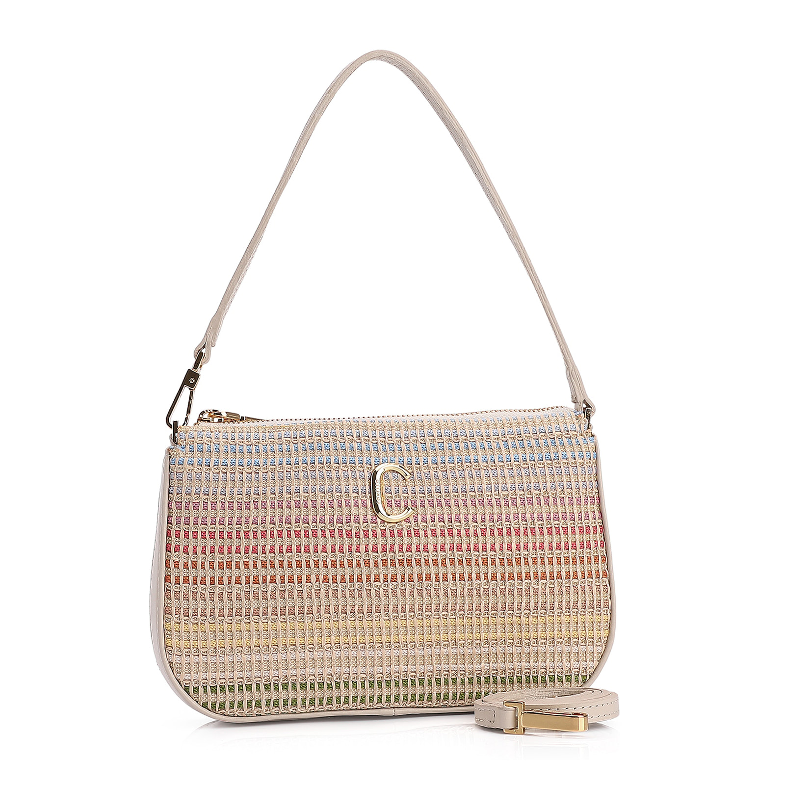 Bolsa De Ombro Couro Off White/Ráfia Colorida