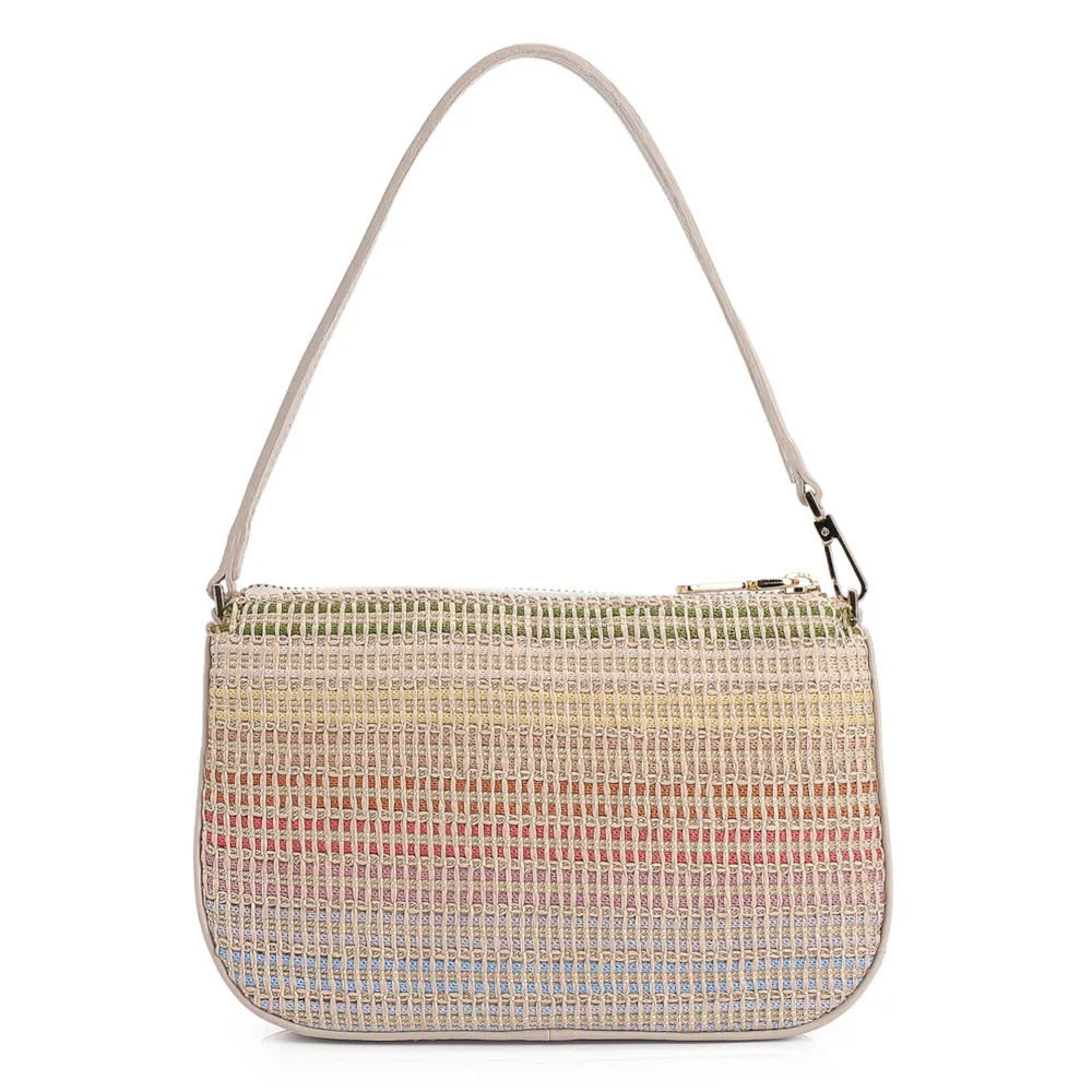 Bolsa De Ombro Couro Off White/Ráfia Colorida - imagem 3