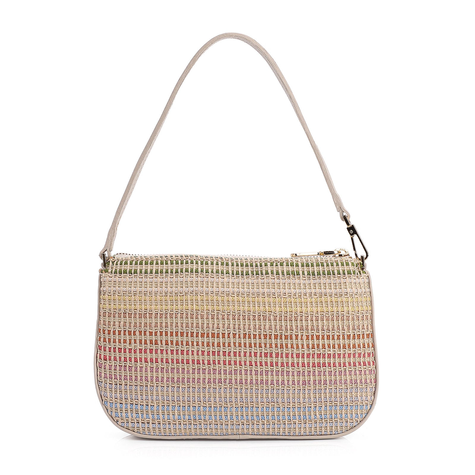 Bolsa De Ombro Couro Off White/Ráfia Colorida