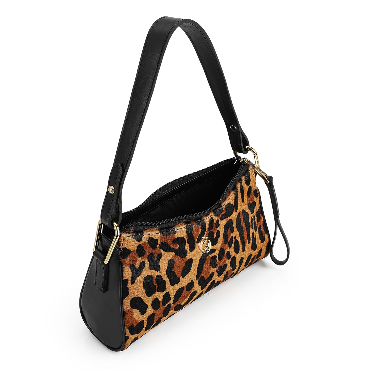 Bolsa De Ombro Couro Preto/Estampa Onça