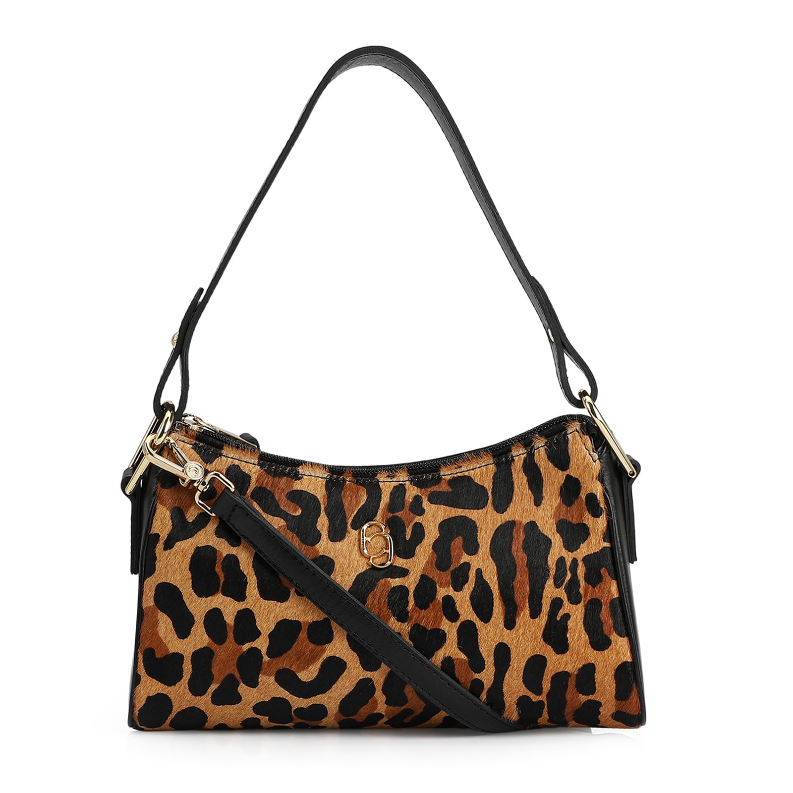 Bolsa De Ombro Couro Preto/Estampa Onça